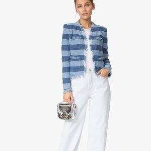 AG Adriano Goldschmied Blazer The Capucine Jacket Blue Stripe Crop Fray Hem XS